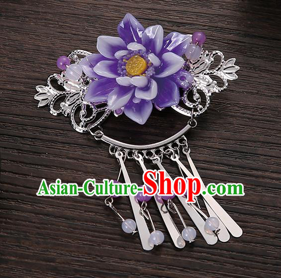 Asian Chinese Handmade Classical Hair Accessories Purple Flower Tassel Hair Comb Hairpins for Women
