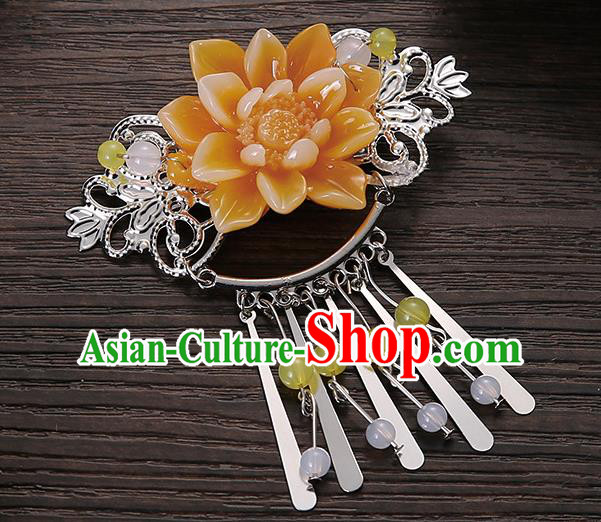 Asian Chinese Handmade Classical Hair Accessories Yellow Flower Tassel Hair Comb Hairpins for Women