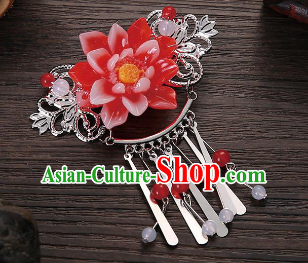 Asian Chinese Handmade Classical Hair Accessories Red Flower Tassel Hair Comb Hairpins for Women