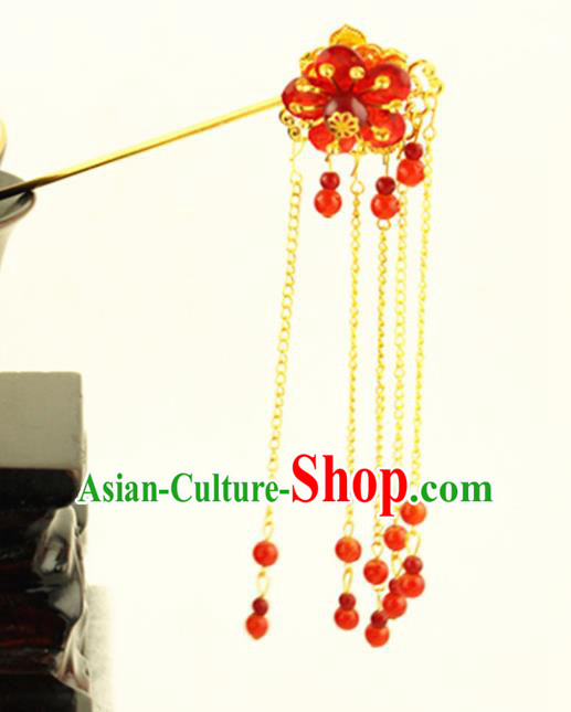 Asian Chinese Handmade Classical Hair Accessories Princess Hairpins Red Beads Tassel Step Shake for Women