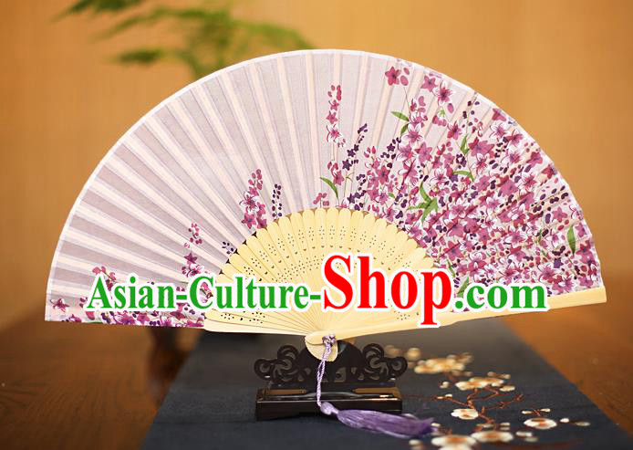 Traditional Chinese Crafts Printing Flowers Lilac Folding Fan, China Sensu Paper Fans for Women