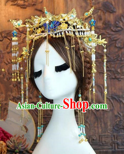 Chinese Ancient Handmade Classical Wedding Hair Accessories Xiuhe Suit Blueing Headwear Hairpins for Women