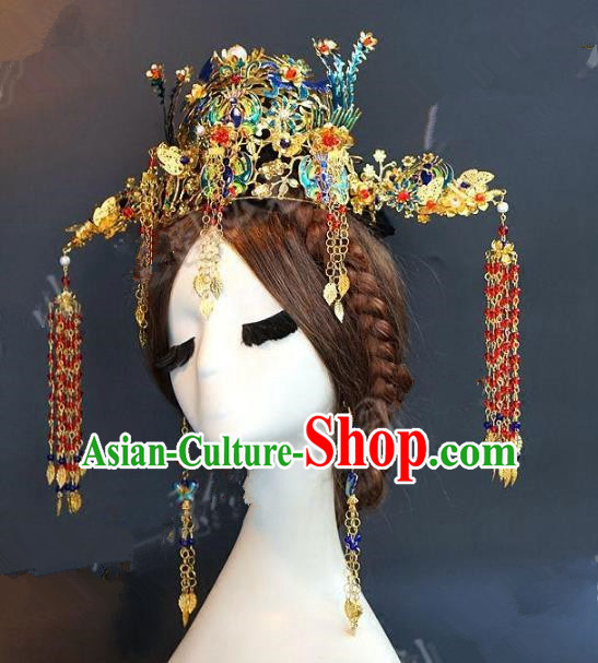 Chinese Ancient Handmade Classical Wedding Hair Accessories Xiuhe Suit Blueing Phoenix Coronet Headwear Hairpins for Women