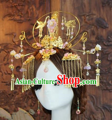 Chinese Ancient Handmade Classical Wedding Hair Accessories Xiuhe Suit Crane Phoenix Coronet Hairpins for Women