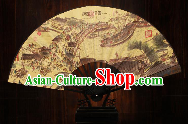 Traditional Chinese Crafts Printing Riverside Scene at Qingming Festival Folding Fan, China Sculpture Framework Silk Fans for Men