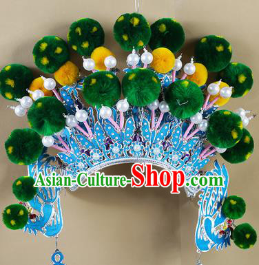 Chinese Beijing Opera Warriors Green Venonat Headpiece, China Peking Opera Blues Helmet