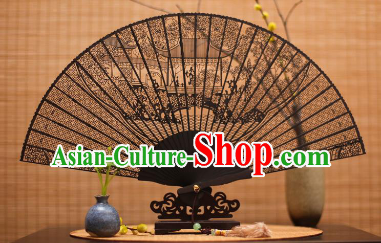 Traditional Chinese Crafts Ebony Folding Fan Carving Sandalwood Fans for Women