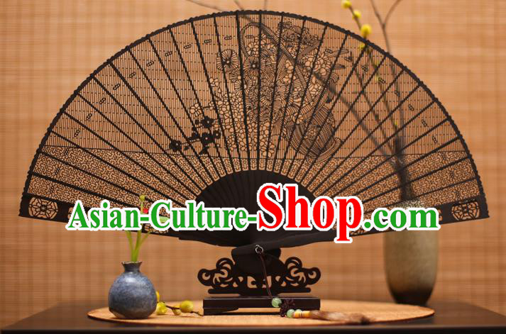Traditional Chinese Crafts Ebony Folding Fan Carving Flowers Sandalwood Fans for Women