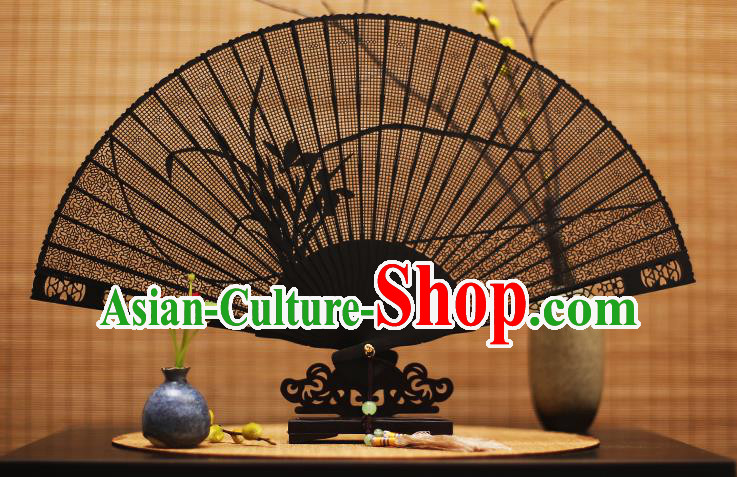 Traditional Chinese Crafts Ebony Folding Fan Carving Orchid Sandalwood Fans for Women