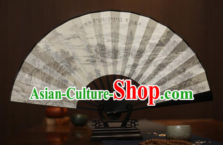Traditional Chinese Crafts Printing Landscape White Folding Fan, China Sculpture Framework Silk Fans for Men