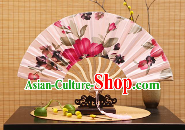 Traditional Chinese Crafts Printing Flowers Pink Silk Folding Fan Sensu Fans for Women