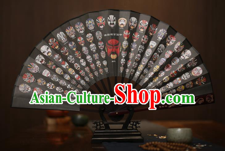 Traditional Chinese Crafts Printing Facial Makeup Black Folding Fan, China Sculpture Framework Silk Fans for Men