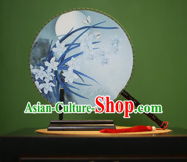 Traditional Chinese Crafts Printing Orchid Round Fan, China Palace Fans Princess Silk Circular Fans for Women