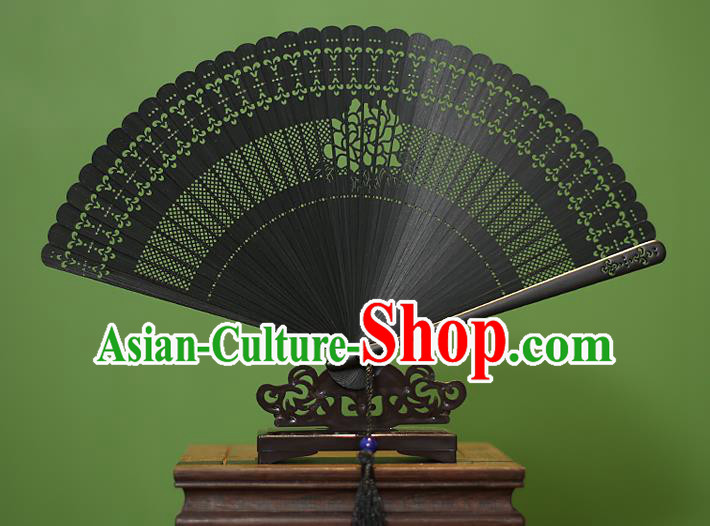 Traditional Chinese Crafts Black Folding Fan Hollow Out Peony Bamboo Fans for Women