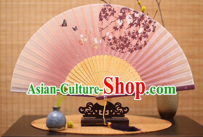 Traditional Chinese Crafts Printing Oriental Cherry Lilac Folding Fan, China Beijing Opera Silk Fans for Women