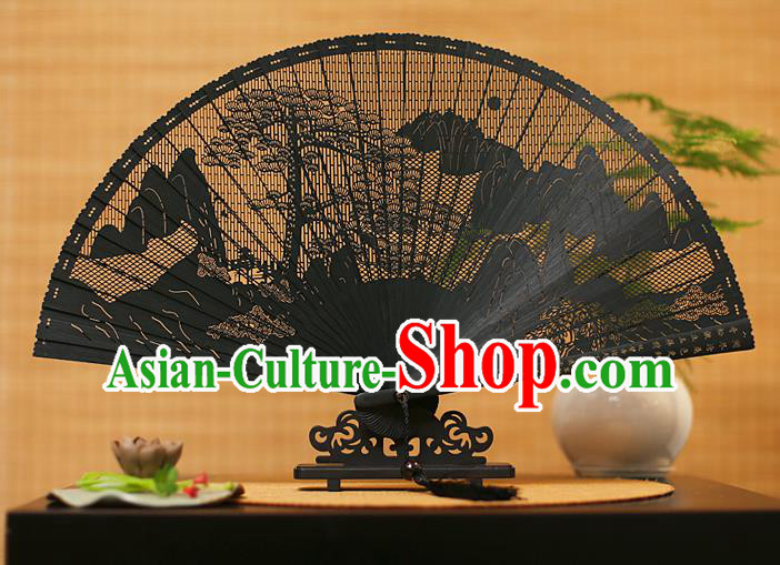 Traditional Chinese Crafts Black Sandalwood Folding Fan, Chinese Hollow Out Pine Fans Bamboo Fans for Women