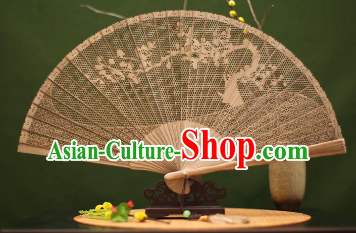 Traditional Chinese Crafts Sandalwood Folding Fan, Chinese Hollow Out Wintersweet Fans Bamboo Fans for Women