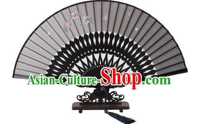 Traditional Chinese Crafts Hand Painting Flowers Folding Fan, China Handmade Black Silk Bamboo Fans for Women