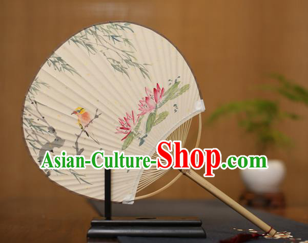 Traditional Chinese Crafts Printing Lotus Paper Fan, China Palace Fans Princess Round Fans for Women