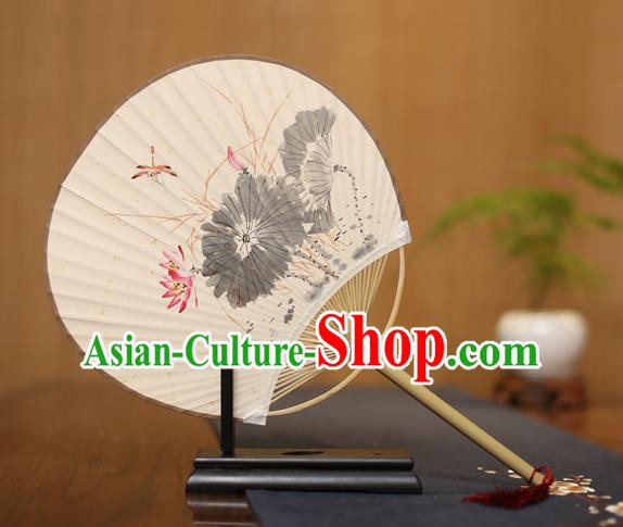 Traditional Chinese Crafts Ink Painting Lotus Paper Fan, China Palace Fans Princess Round Fans for Women