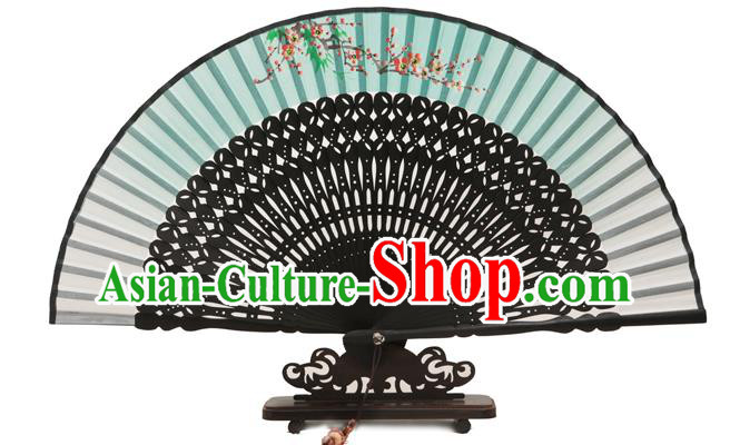 Traditional Chinese Crafts Green Silk Folding Fan, China Handmade Printing Plum Blossom Fans for Women