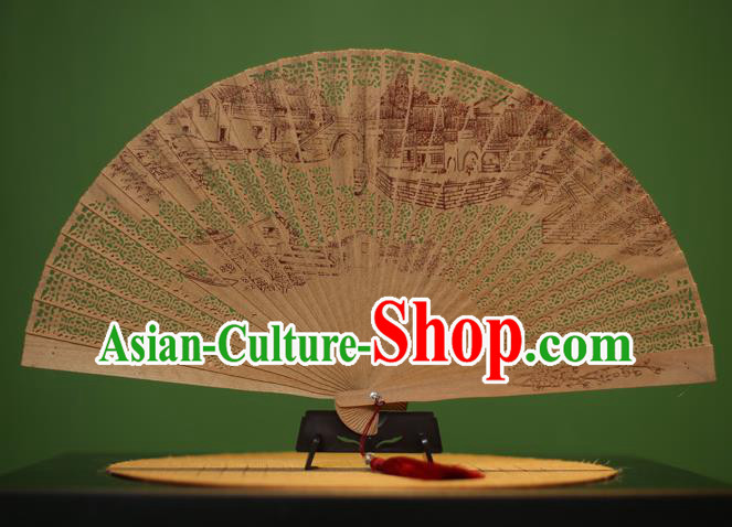 Traditional Chinese Crafts Sandalwood Folding Fan, China Handmade Carving Bridge Incienso Fans for Women