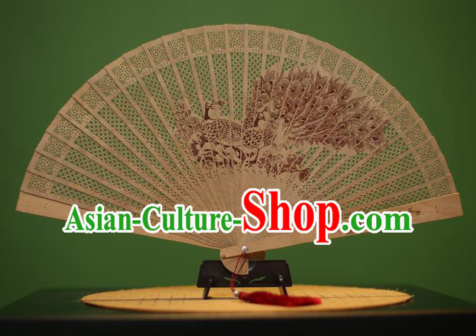 Traditional Chinese Crafts Sandalwood Folding Fan, China Handmade Carving Peacock Incienso Fans for Women