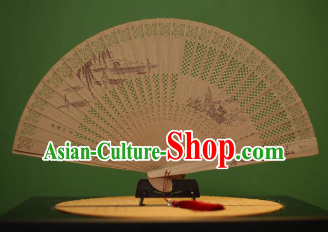 Traditional Chinese Crafts Sandalwood Folding Fan, China Handmade Carving West Lake Incienso Fans for Women