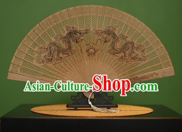 Traditional Chinese Crafts Sandalwood Folding Fan, China Handmade Carving Dragons Incienso Fans for Women