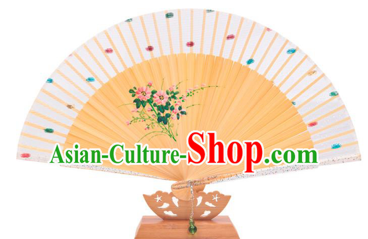 Traditional Chinese Crafts White Silk Folding Fan, China Handmade Printing Flowers Bamboo Bone Fans for Women