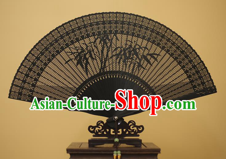 Traditional Chinese Crafts Hollow Out Bamboo Folding Fan, China Handmade Sandalwood Black Fans for Women