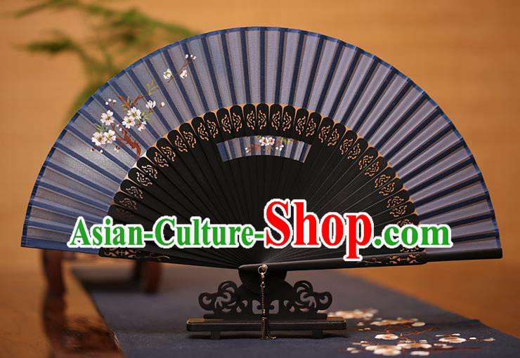 Traditional Chinese Crafts Printing Plum Blossom Folding Fan, China Handmade Classical Navy Silk Fans for Women