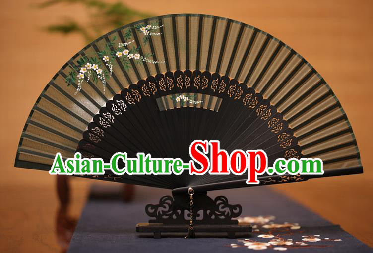 Traditional Chinese Crafts Printing Flowers Folding Fan, China Handmade Classical Black Silk Fans for Women