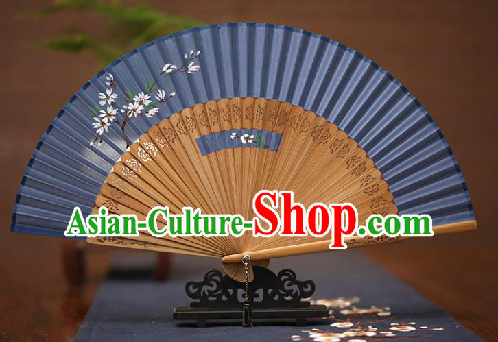 Traditional Chinese Crafts Printing Wintersweet Folding Fan, China Handmade Classical Blue Silk Fans for Women