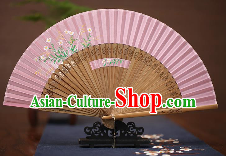 Traditional Chinese Crafts Printing Flowers Folding Fan, China Handmade Classical Pink Silk Fans for Women