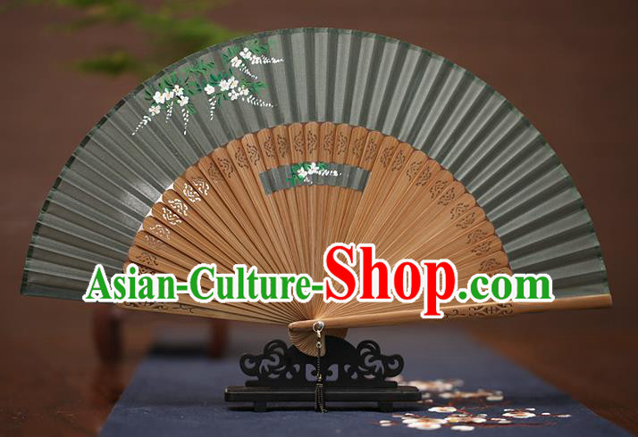 Traditional Chinese Crafts Printing Wisteria Folding Fan, China Handmade Classical Grey Silk Fans for Women