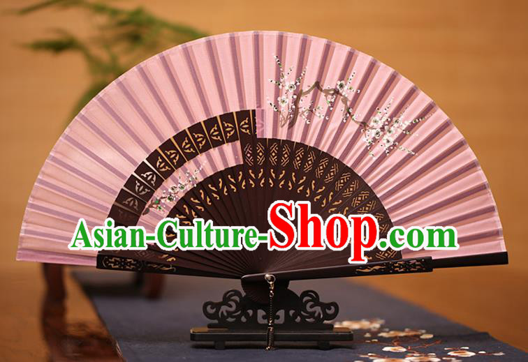 Traditional Chinese Crafts Printing Wintersweet Folding Fan, China Handmade Classical Pink Silk Fans for Women