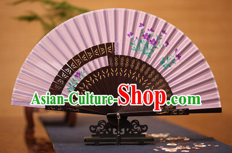 Traditional Chinese Crafts Printing Flowers Folding Fan, China Handmade Classical Lilac Silk Fans for Women