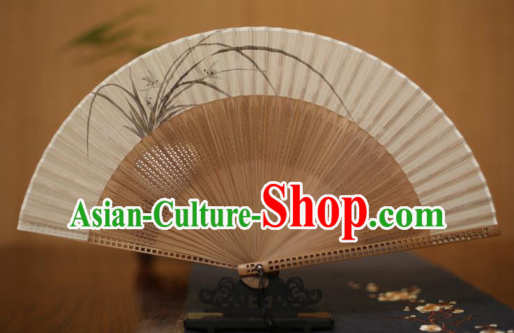 Traditional Chinese Crafts Printing Orchid Folding Fan, China Handmade Classical Silk Pierced Fans for Women