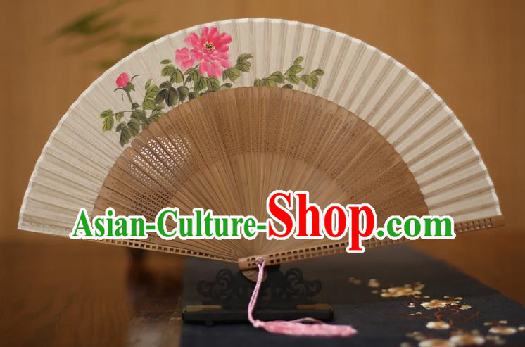 Traditional Chinese Crafts Printing Peony Folding Fan, China Handmade Classical Silk Pierced Fans for Women