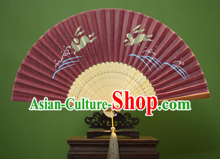 Traditional Chinese Crafts Printing Rabbit Folding Fan, China Handmade Classical Amaranth Silk Fans for Women