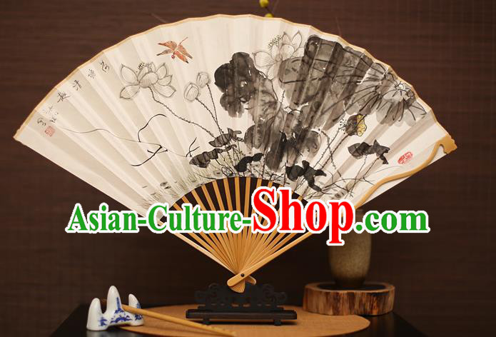 Traditional Chinese Crafts Collectables Autograph Folding Fan, China Handmade Classical Ink Painting Lotus Xuan Paper Fans for Men
