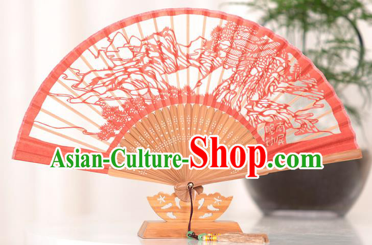 Traditional Chinese Crafts West Lake Scenery Folding Fan, China Handmade Classical Red Silk Fans for Women