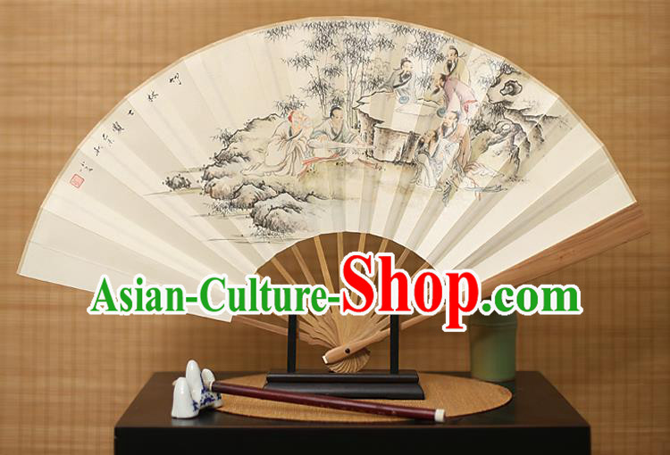 Traditional Chinese Crafts Ink Painting Paper Folding Fan, China Handmade Sandalwood Fans for Men