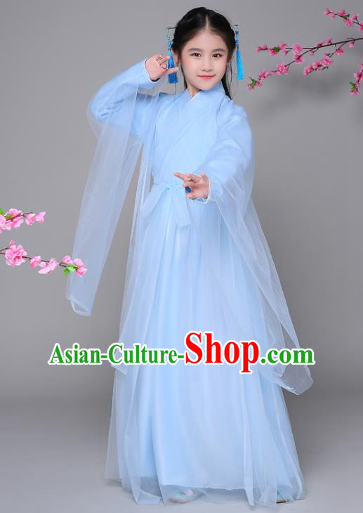 Traditional Chinese Ancient Princess Blue Dress, China Han Dynasty Palace Lady Fairy Hanfu Clothing for Kids