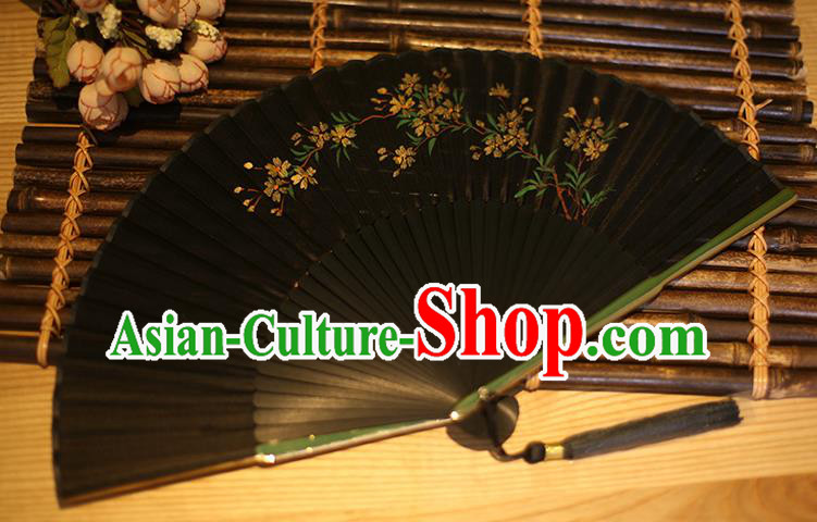 Traditional Chinese Crafts Printing Peach Blossom Classical Folding Fan, China Handmade Black Silk Fans for Women