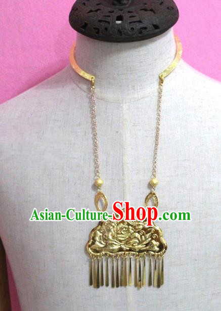 Traditional Chinese Handmade Jewelry Accessories Ancient Bride Golden Necklace Longevity Lock for Women
