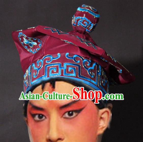 Traditional China Beijing Opera Takefu Purplish Red Hats, Chinese Peking Opera Imperial Bodyguard Embroidered Headwear