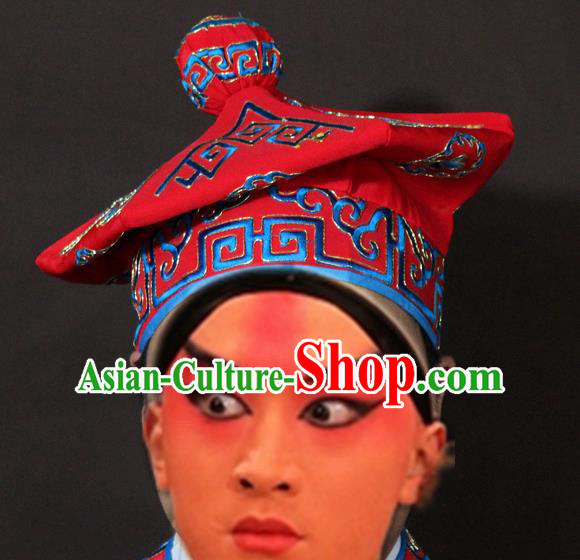 Traditional China Beijing Opera Takefu Red Hats, Chinese Peking Opera Imperial Bodyguard Embroidered Headwear