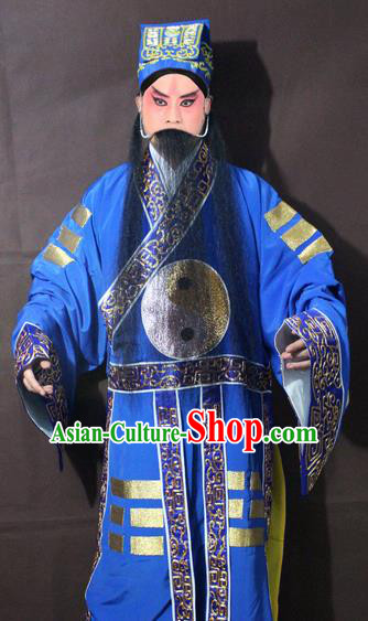 Traditional China Beijing Opera Taoist Priest Embroidery Costume, Chinese Peking Opera Blue Embroidered Robe Clothing